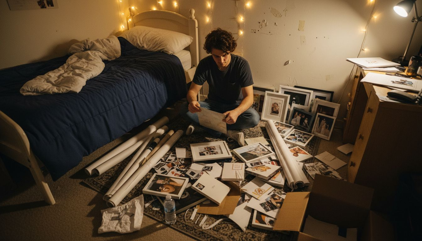 Student arranging mixed wall art types