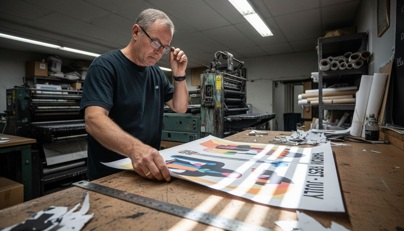 Technician inspecting poster print quality