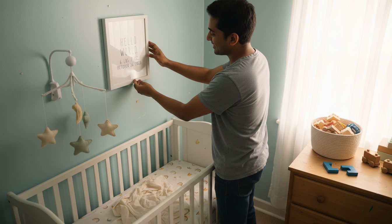 Parent adjusting milestone print in nursery