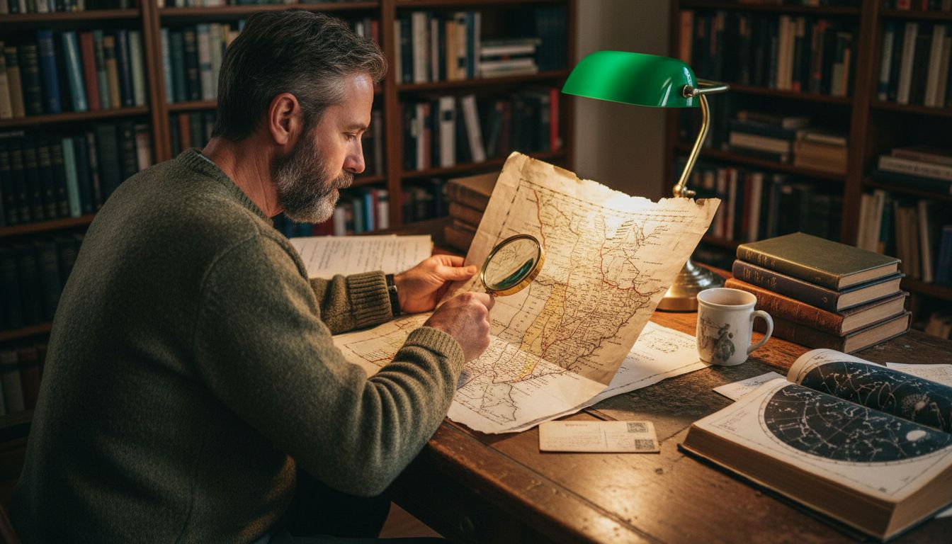Man studying historical map print at desk