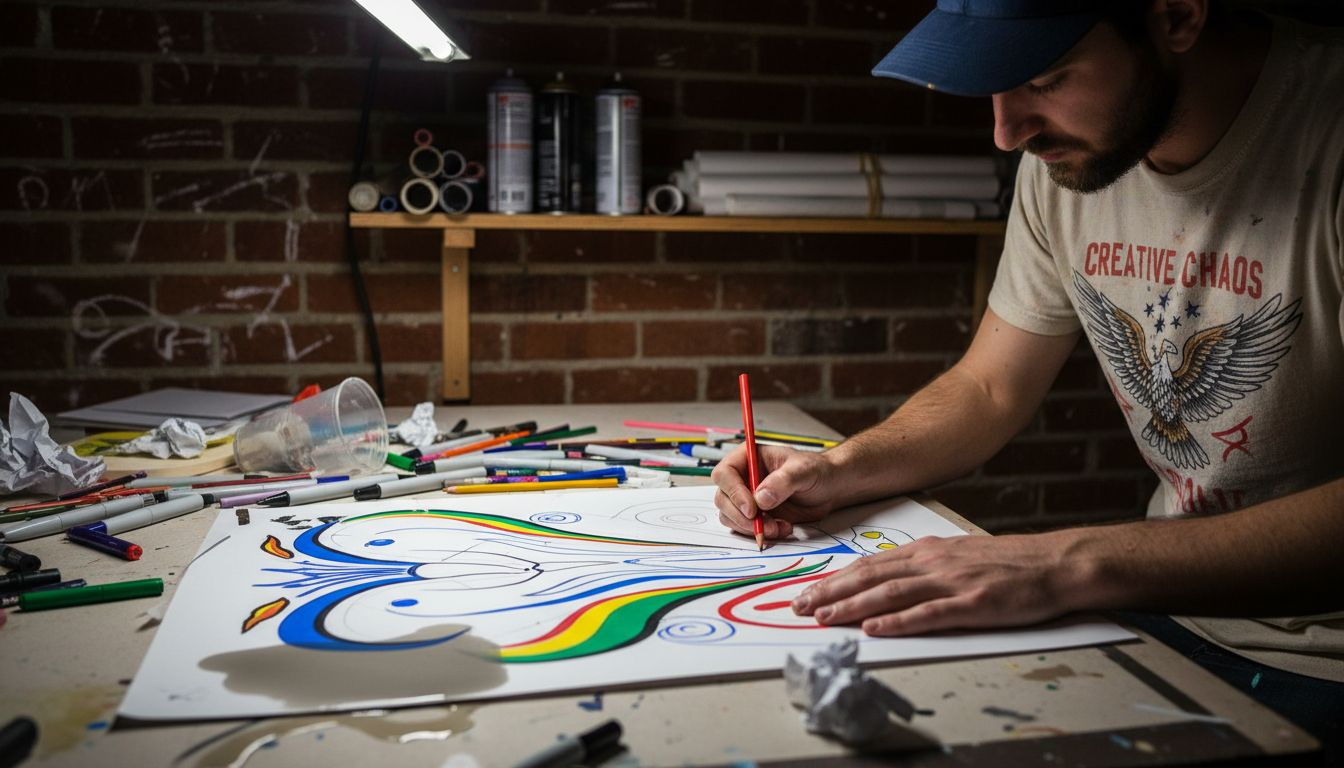Artist sketching colorful poster at desk