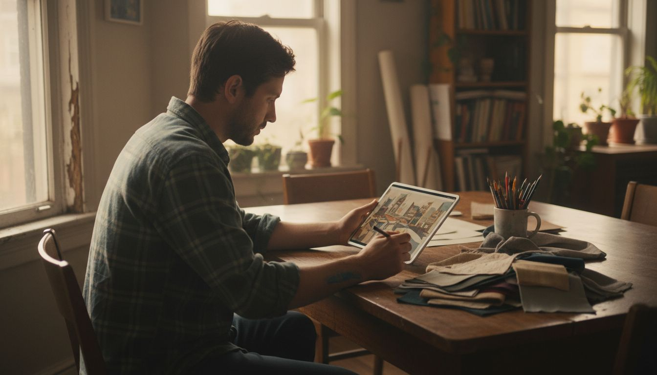Artist drafts personalized art on tablet
