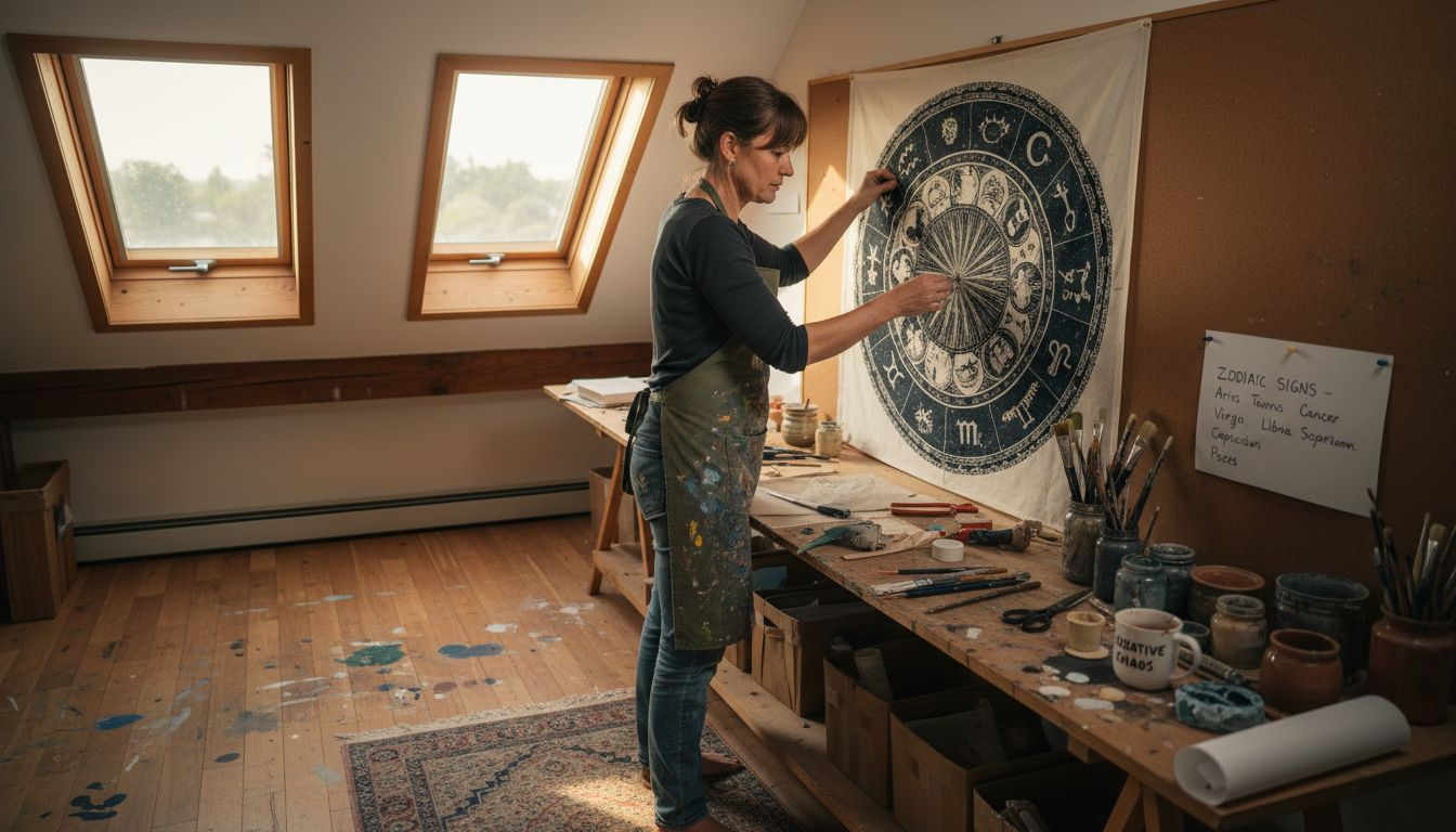Artist arranging zodiac tapestry in attic studio