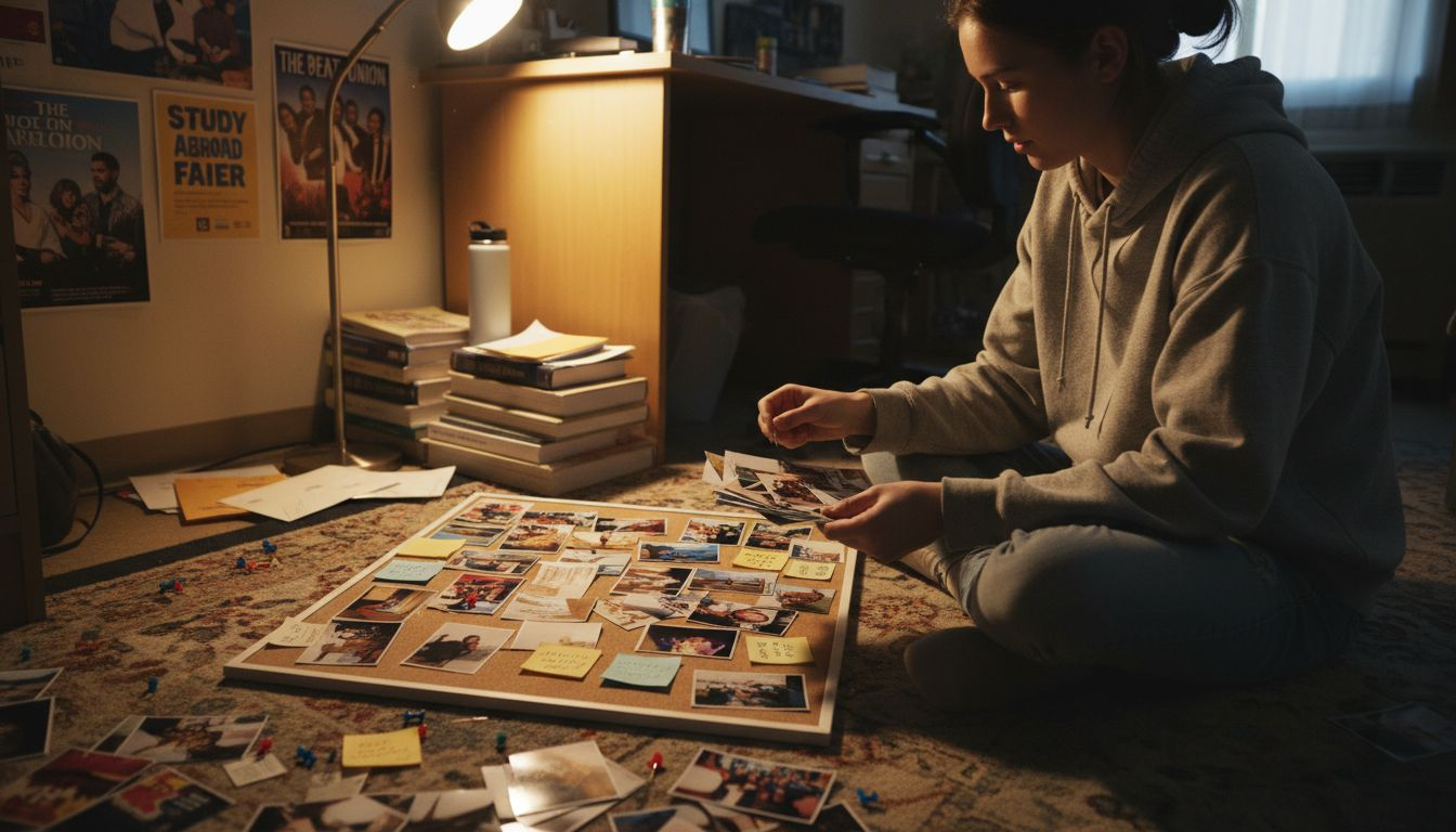 Student assembling photo collage on corkboard