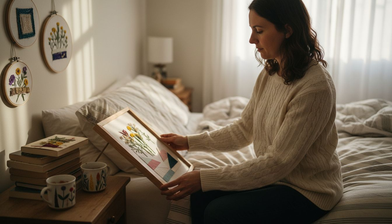 Woman arranging handmade wall art in bedroom
