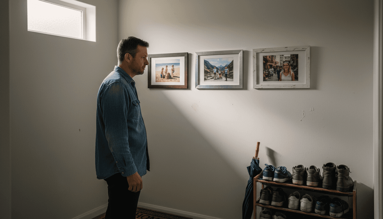 Man viewing family photo wall art