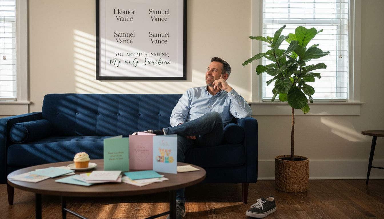 Man admiring personalized wall print at home