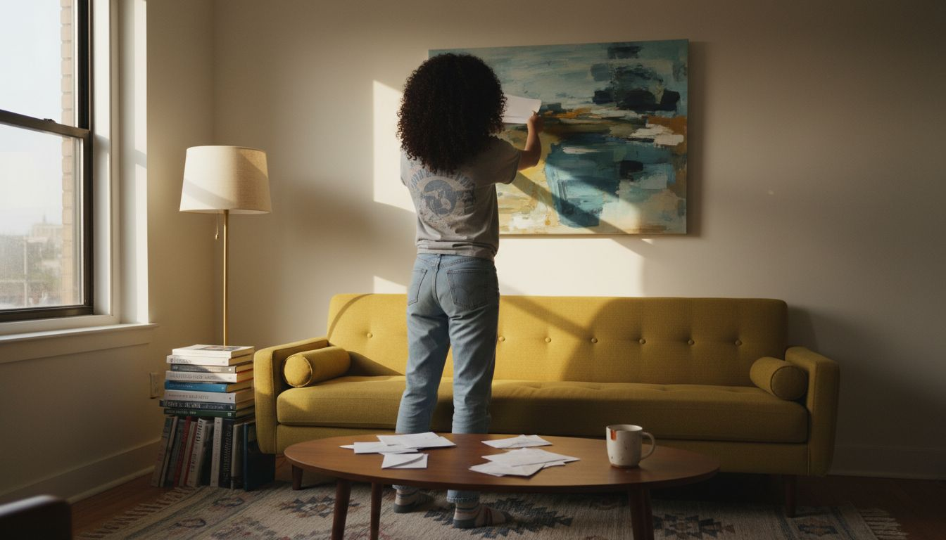 Woman adjusting canvas wall art at home