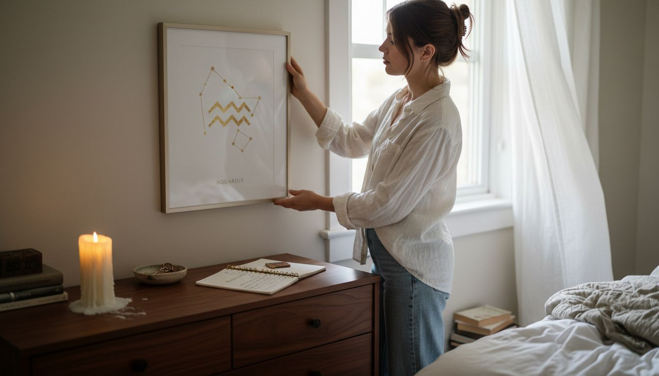 Woman arranging minimalist zodiac print in bedroom