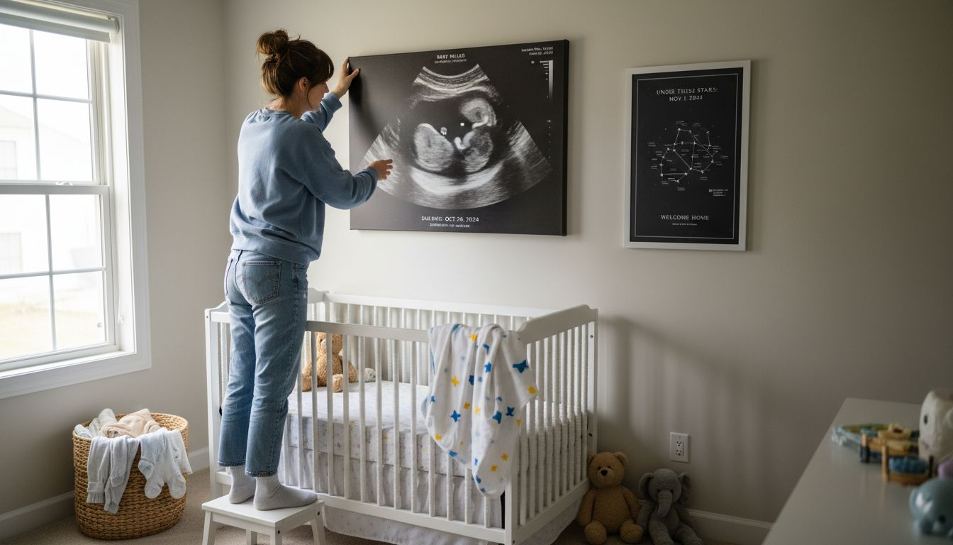 Mother arranges nursery ultrasound wall art gift