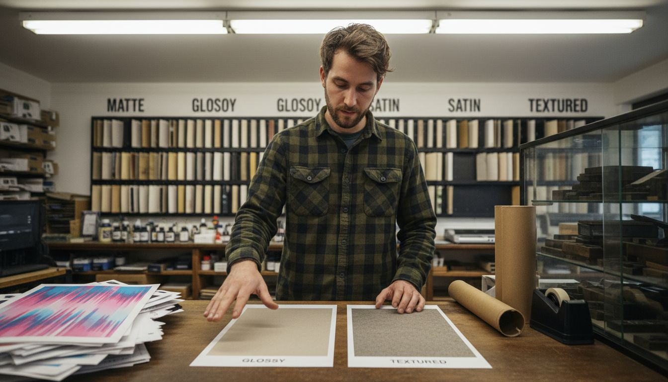 Choosing poster paper samples at print shop