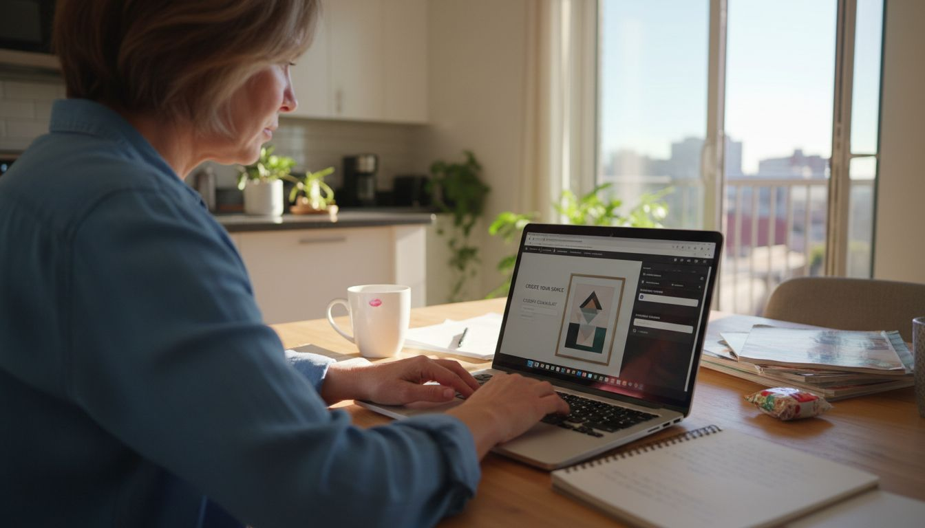 Person customizing wall art on laptop at kitchen table