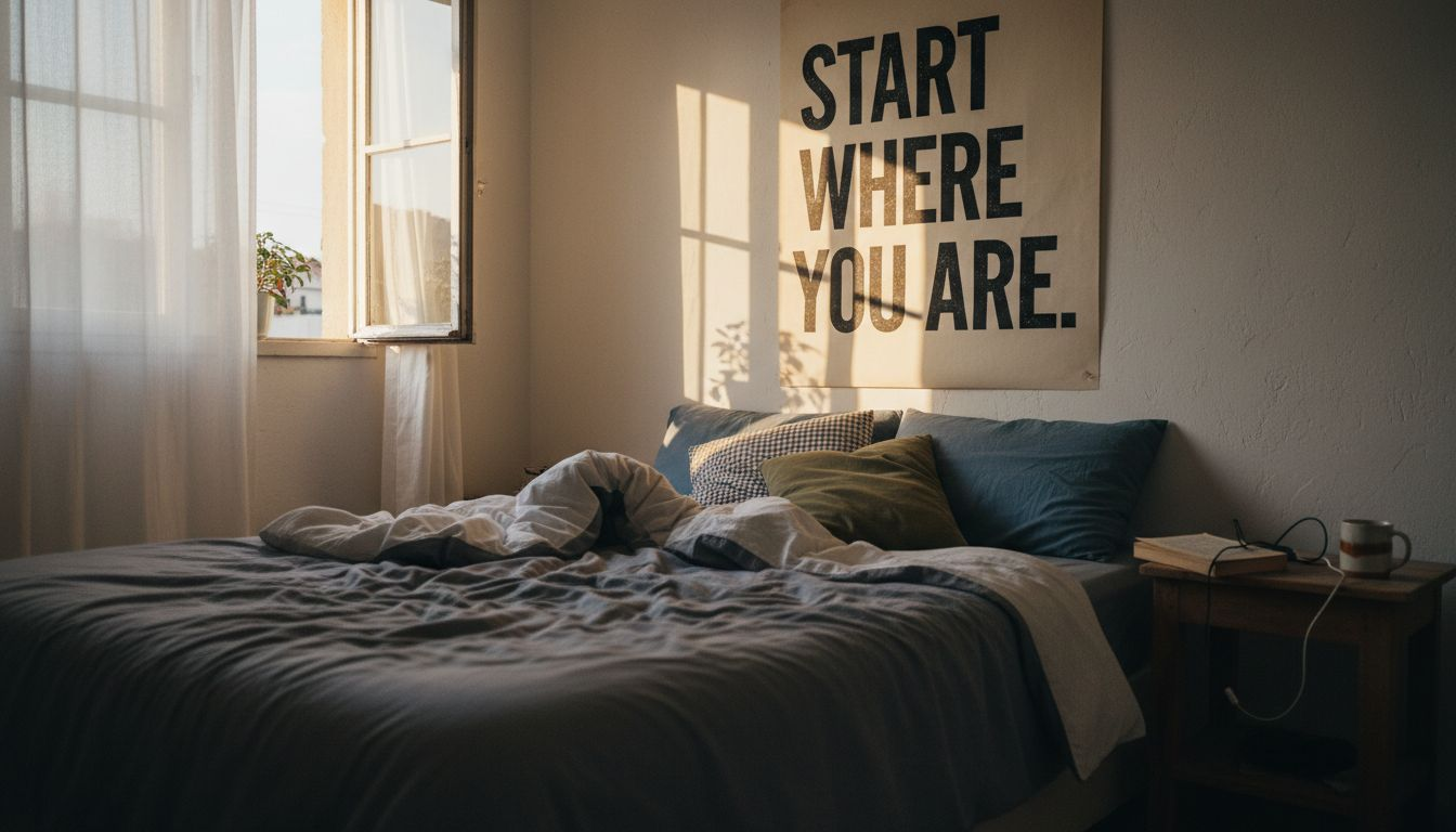 Large poster as bedroom focal point