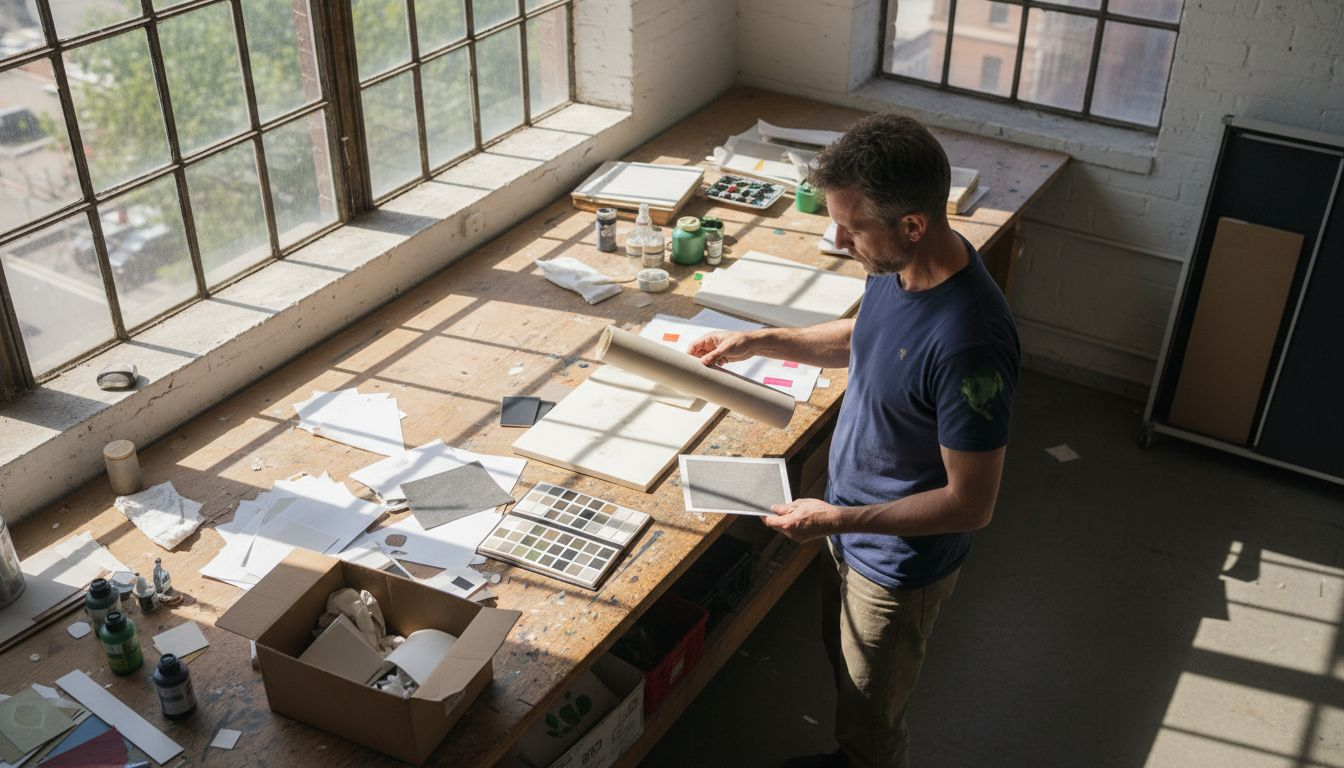 Artist comparing eco-friendly wall art materials