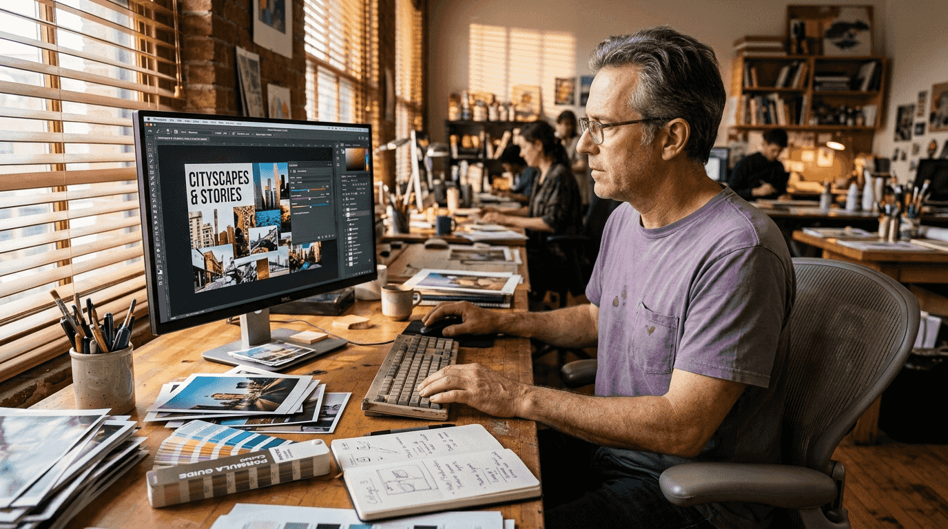 Man adjusting color consistency for collage