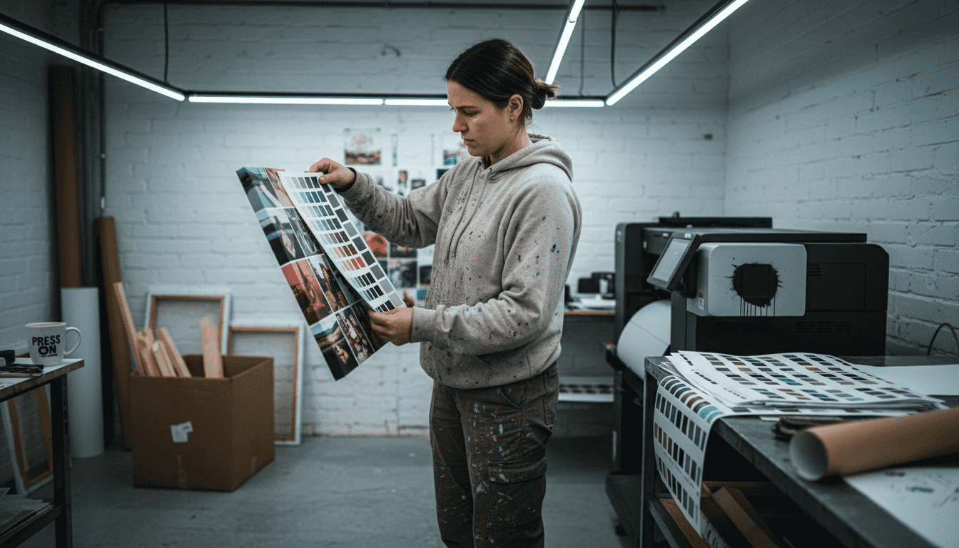 Technician inspecting printed photo collage canvas