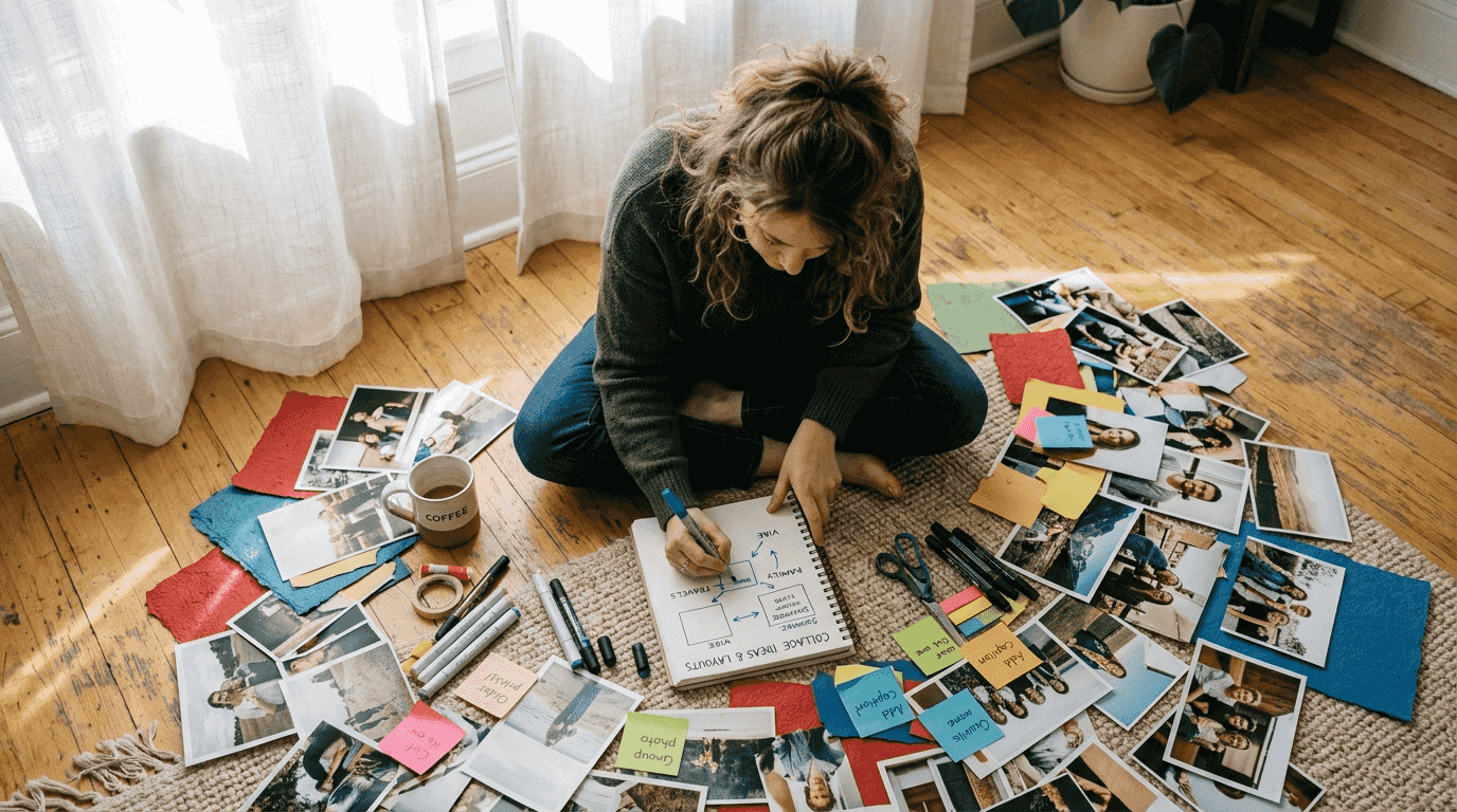 Woman planning creative photo collage on floor