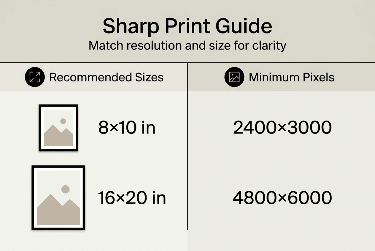 Infographic matching print size to pixel resolution