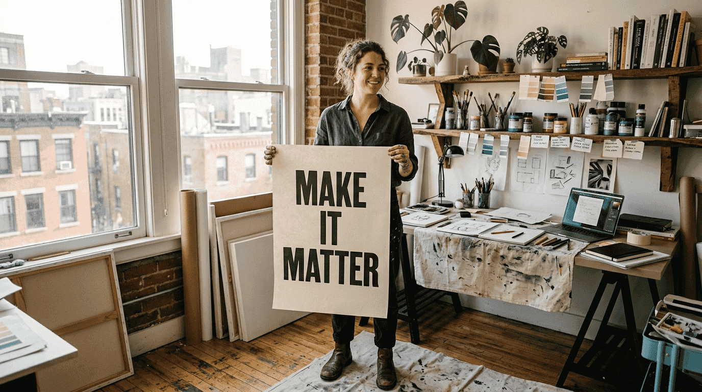 Designer presenting bold typography poster