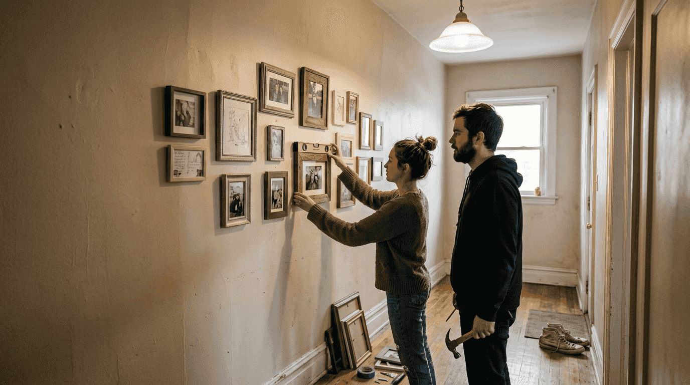 Couple adjusting framed photo collage on hallway wall