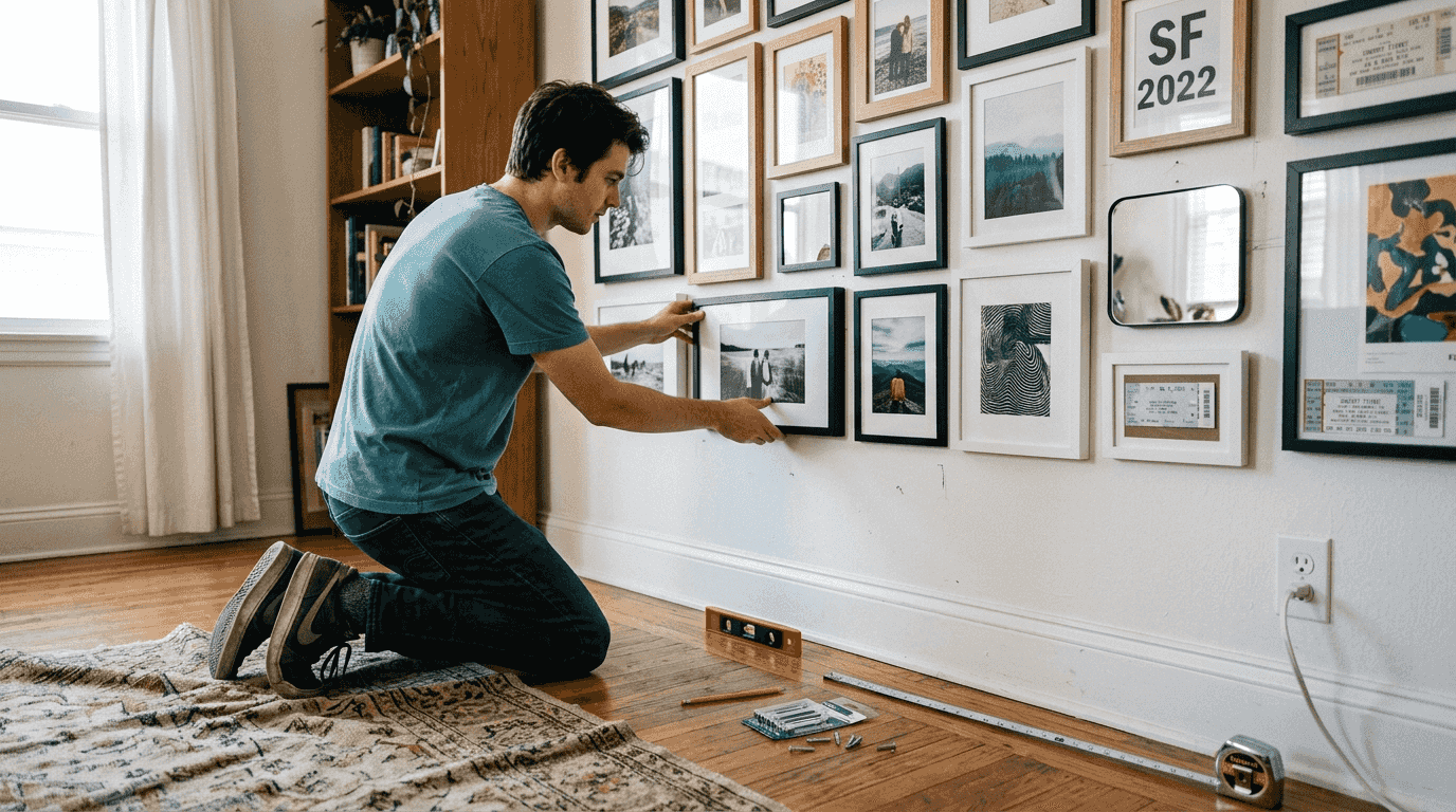 Man adjusting mixed frames on gallery wall