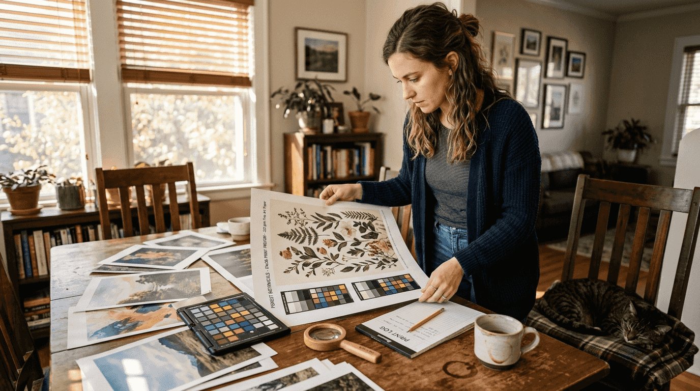 Woman checking print preview for quality issues