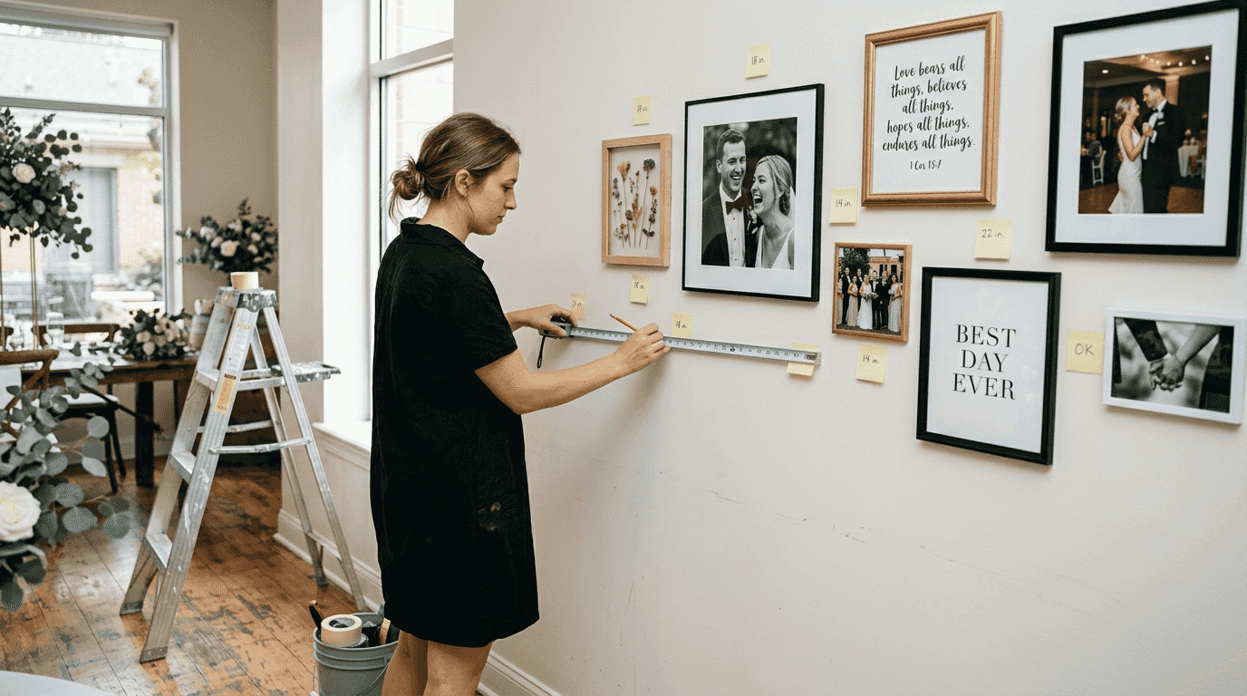 Planner arranging wedding gallery wall layout