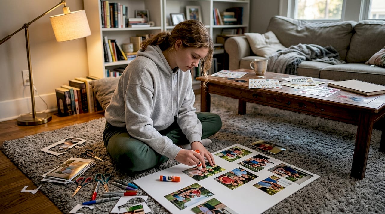 Teen assembling photo collage birthday poster