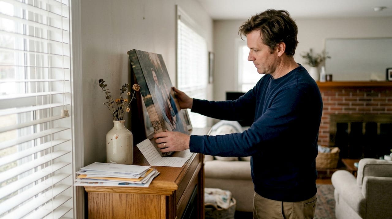 Man placing custom wall art as gift