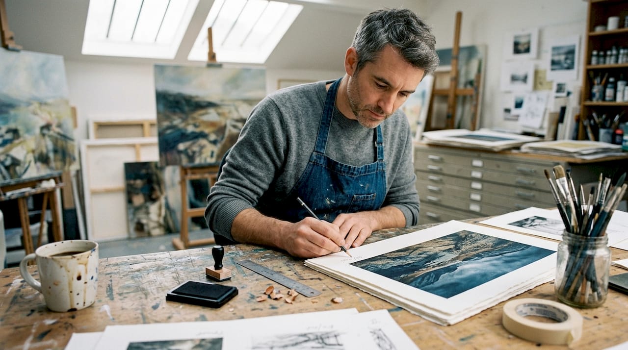 Artist hand-signing a limited edition print