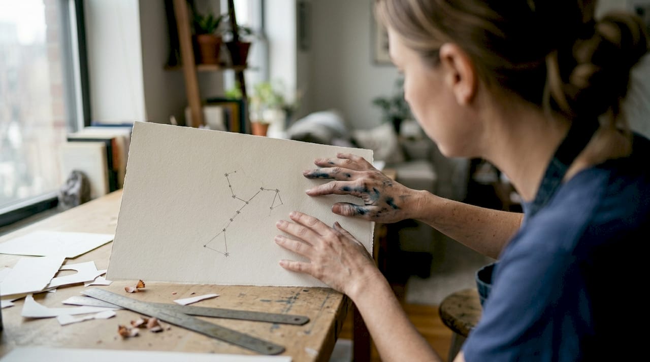 Printmaker feels art paper for zodiac print