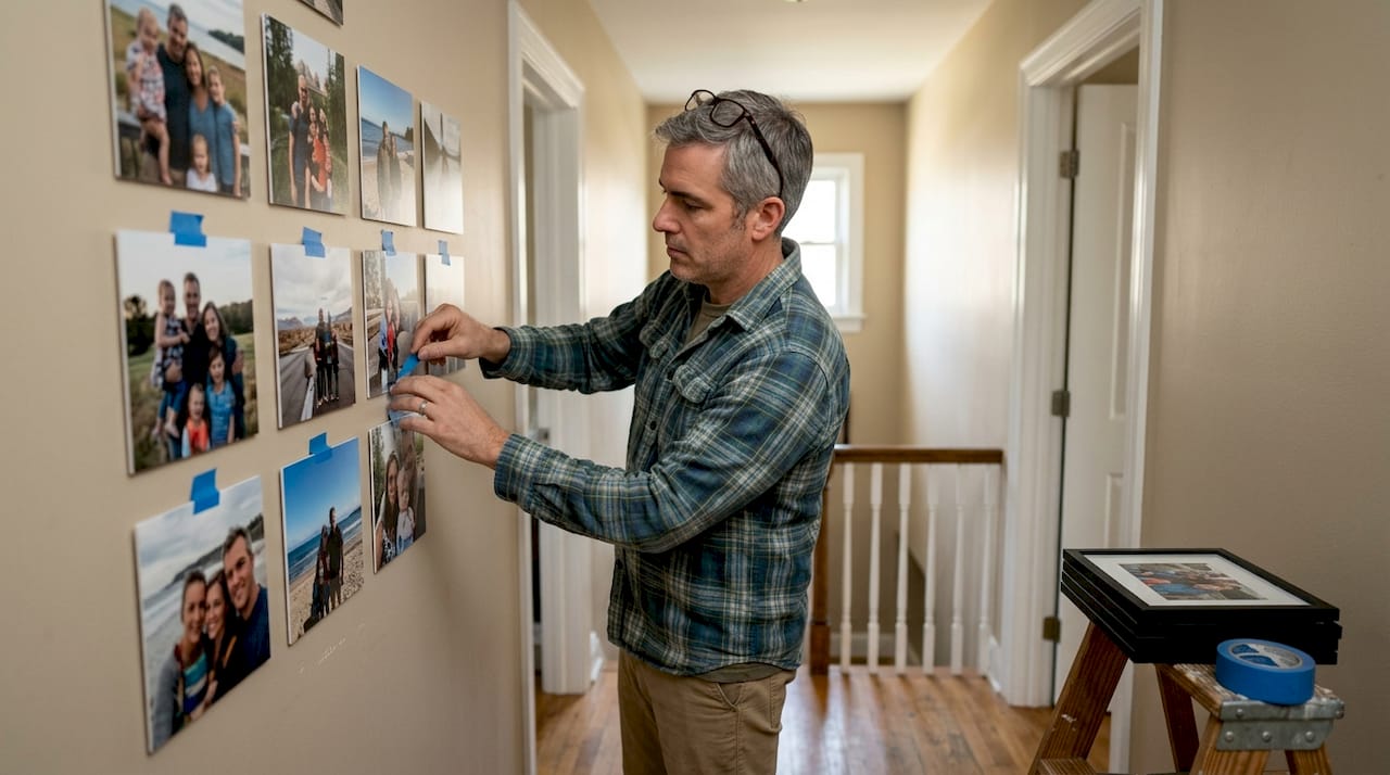 Man planning hallway photo collage layout