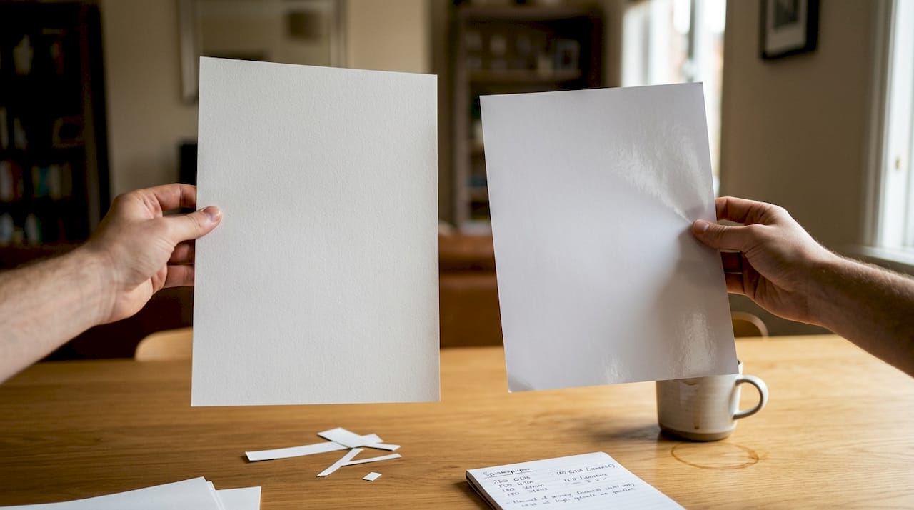 Hands comparing matte and glossy poster papers