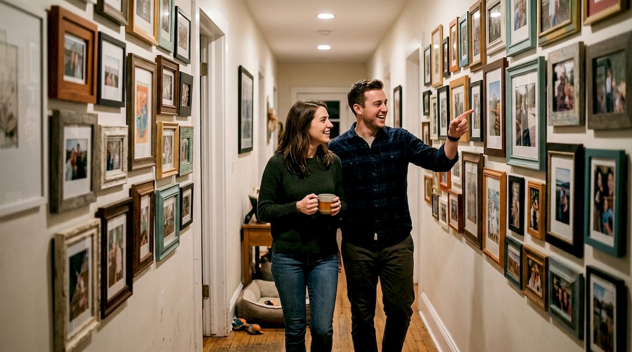Couple viewing hallway gallery photo wall