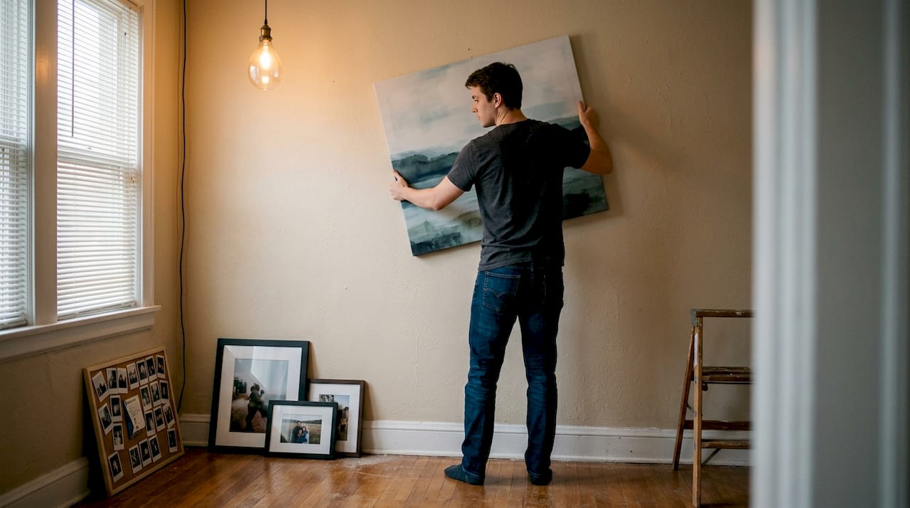Man arranging wall art and photo collage