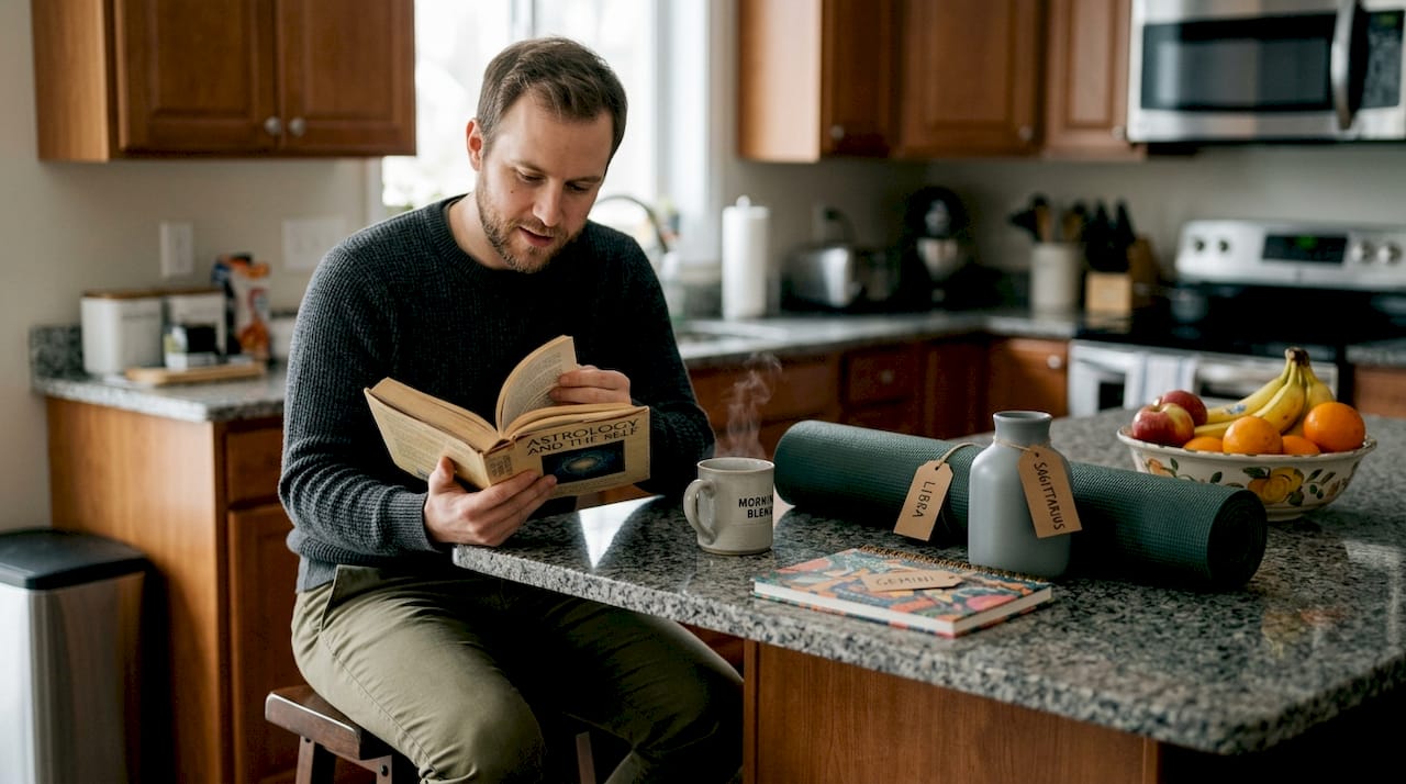 Man reviewing zodiac gifts with astrology book