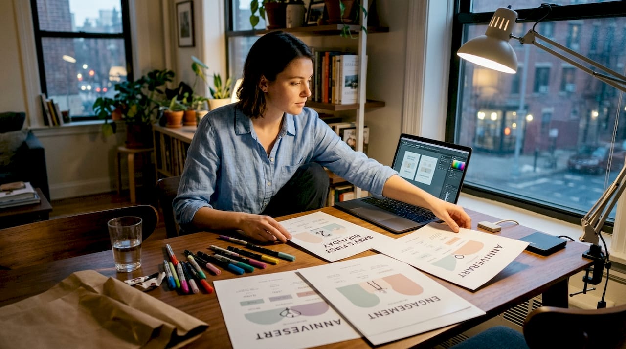 Designer reviews milestone poster samples at table