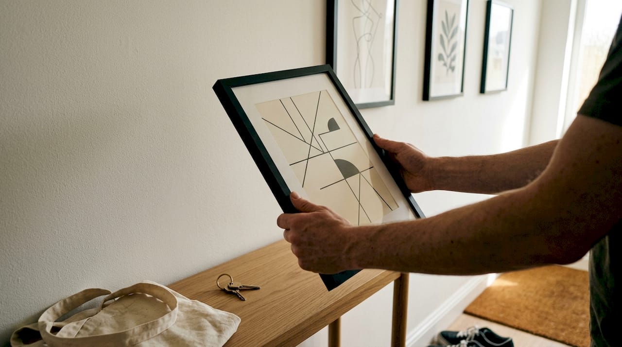 Hands holding framed minimalist geometric print