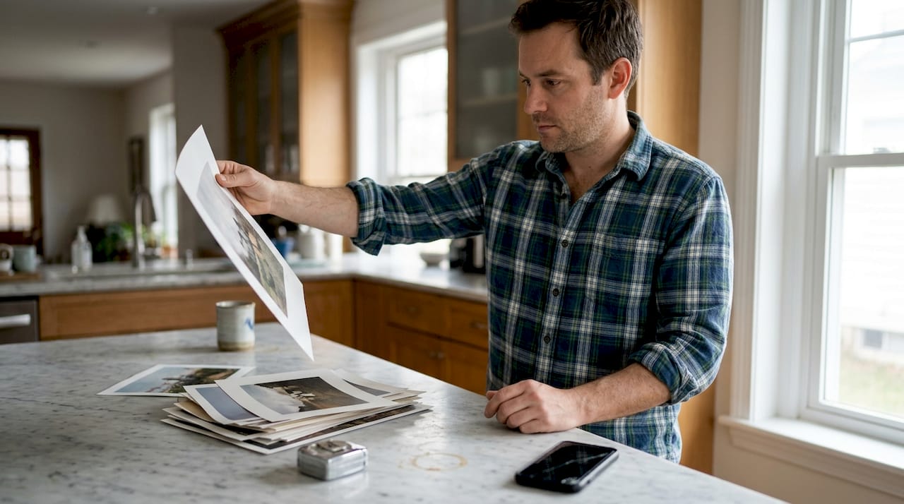 Man reviewing giclée print in kitchen