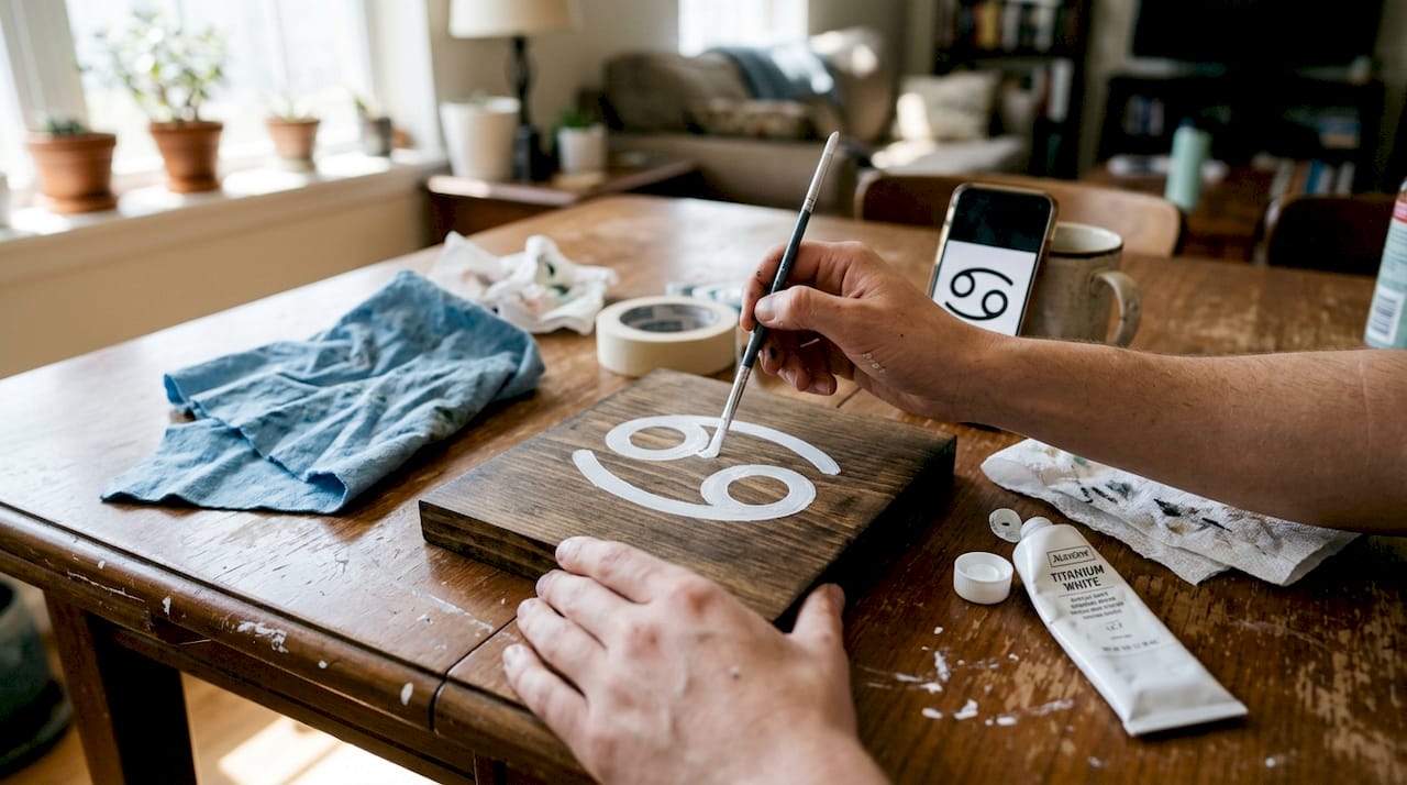 Hands painting zodiac sign on wood