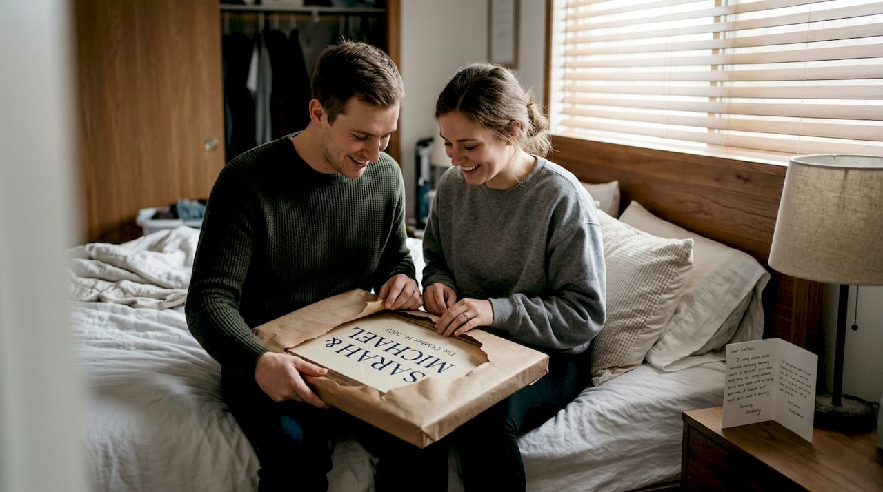 Couple opening custom name print wedding gift