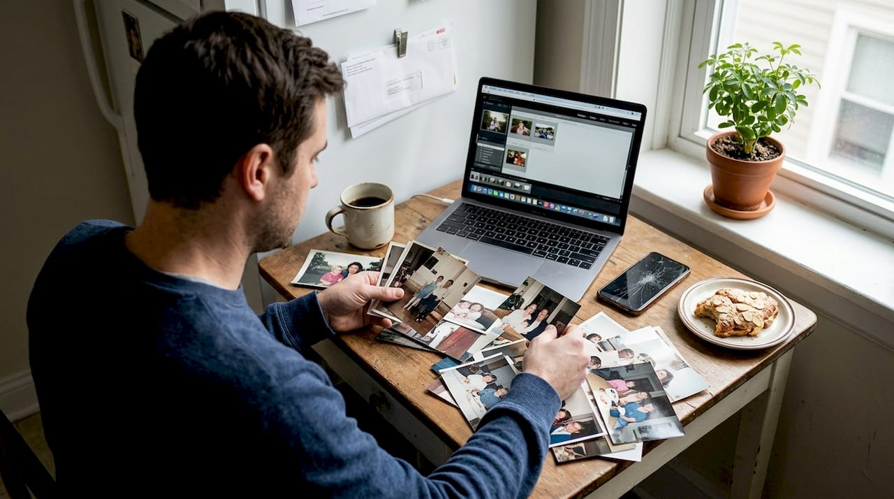Man sorting photos for custom wall art gift
