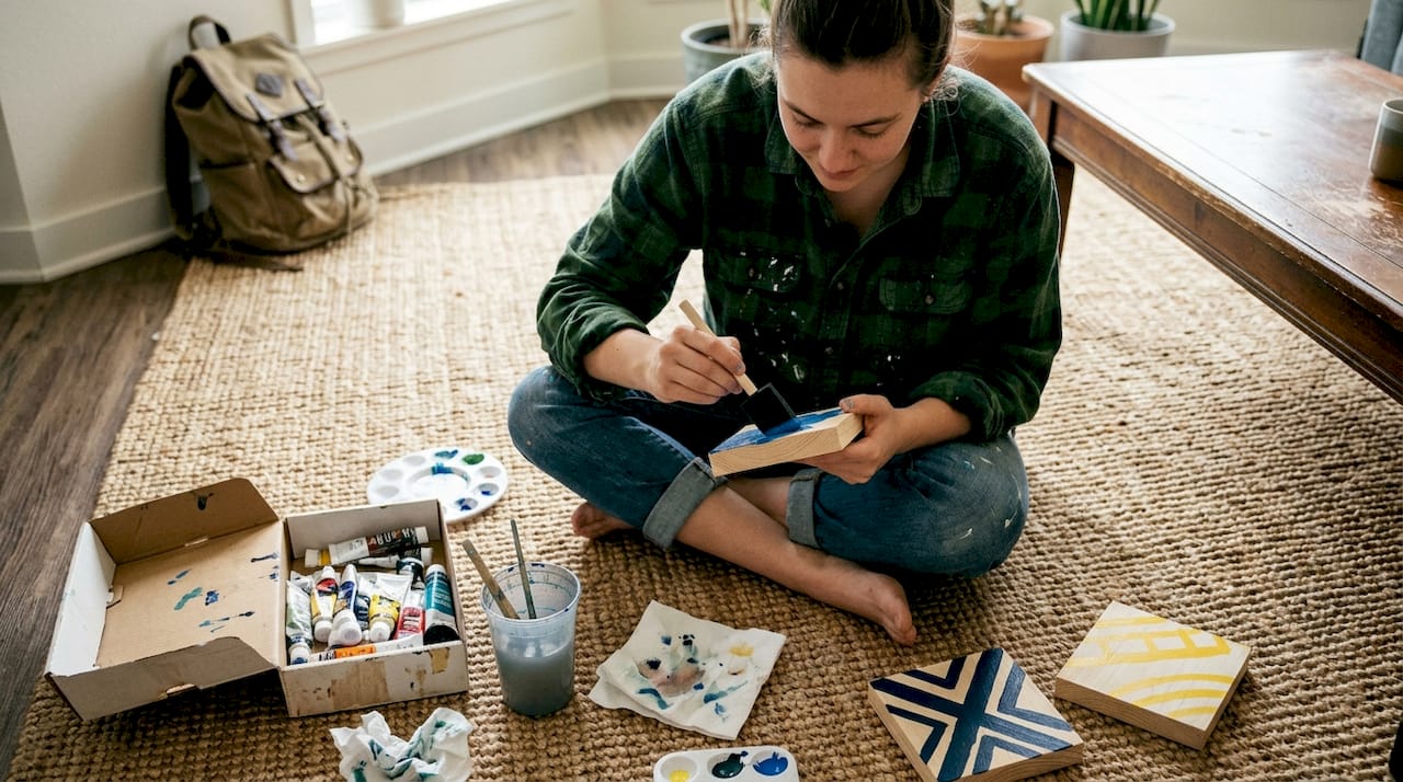 Person painting colorful wood block art at home