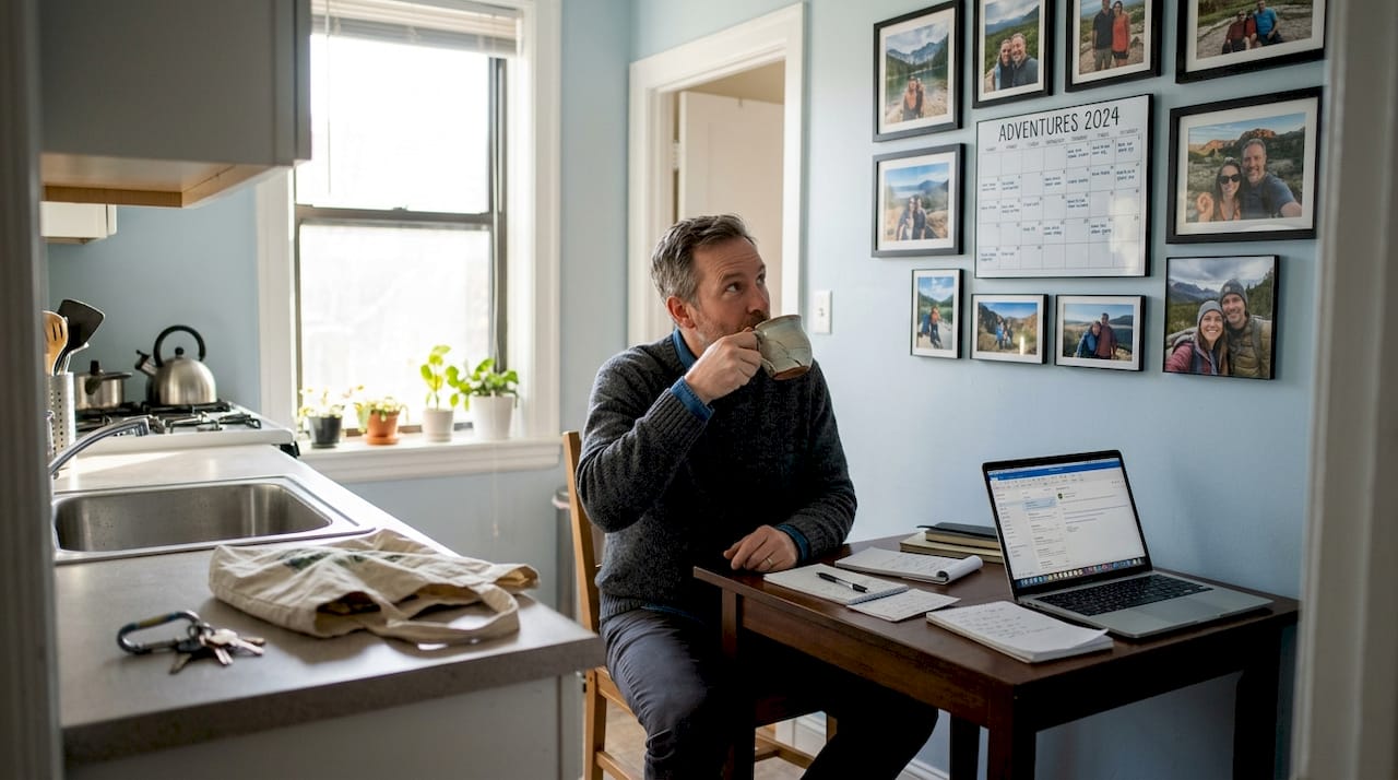 Man in kitchen with personalized decor wall