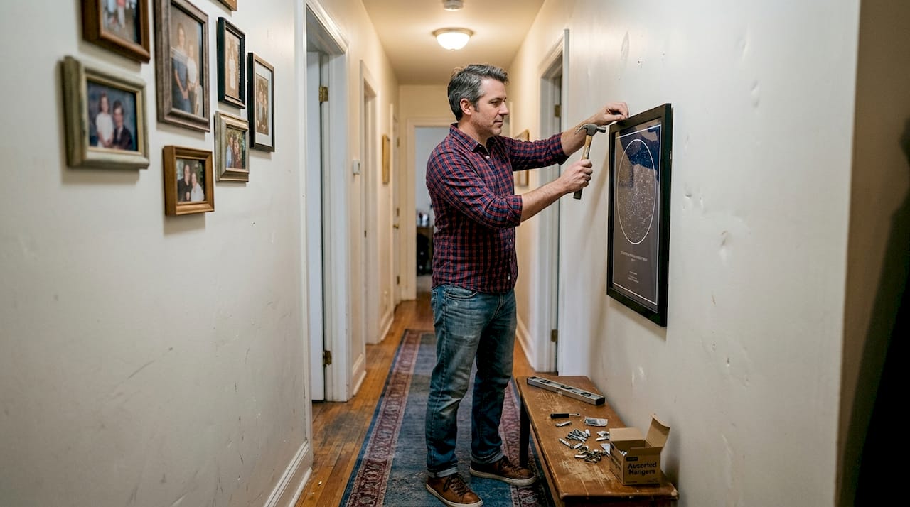 Man hanging personalized star map artwork