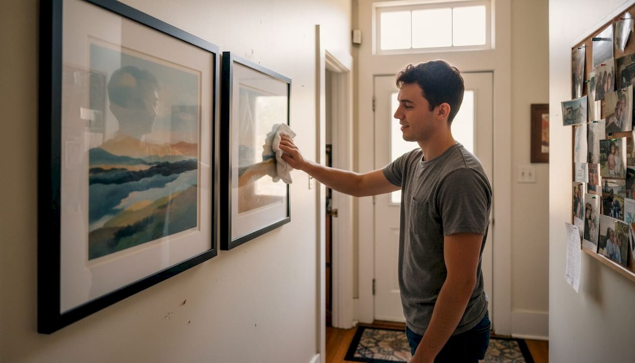 Person caring for framed wall prints