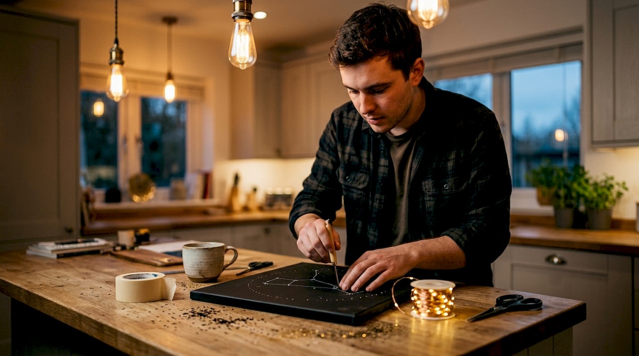 Man making light-up zodiac canvas at kitchen island