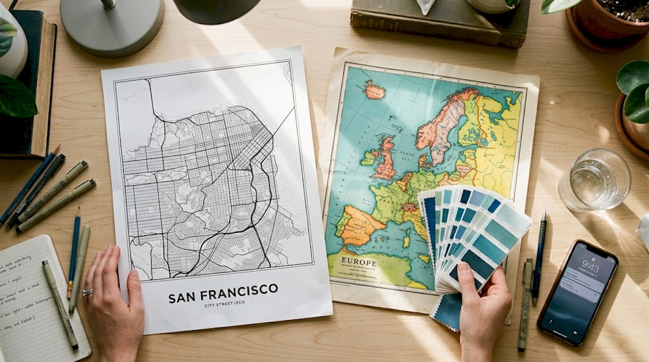 Comparing minimalist and vintage map print styles