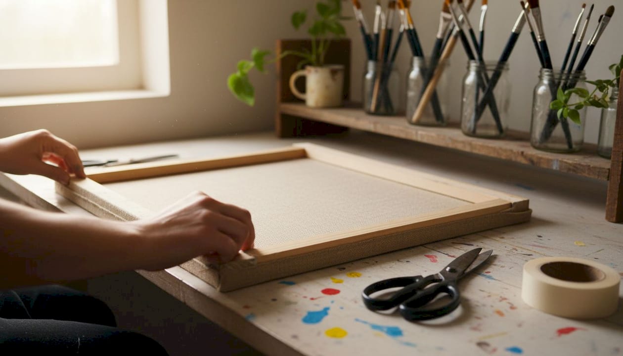 Artist prepares acid-free canvas for wall art