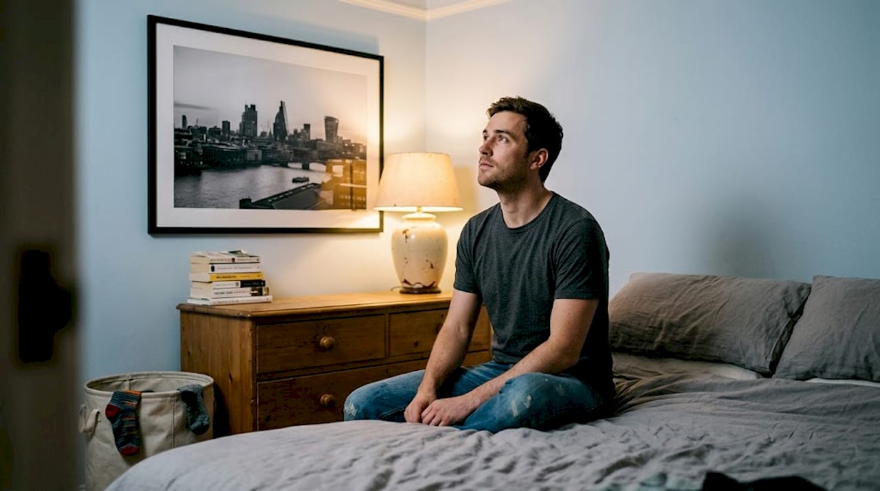 Man admiring custom print in bedroom